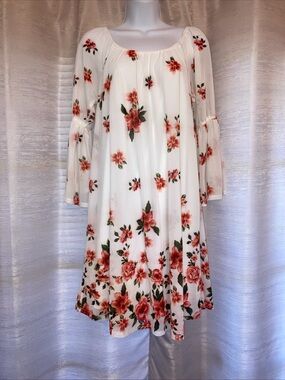 Sirentily Cream with Orange Floral Scoop Neck Midi Dress with Bell Sleeves